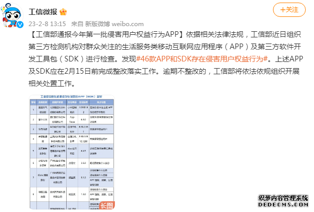 工信部通报今年第一批侵害用户权益行为APP