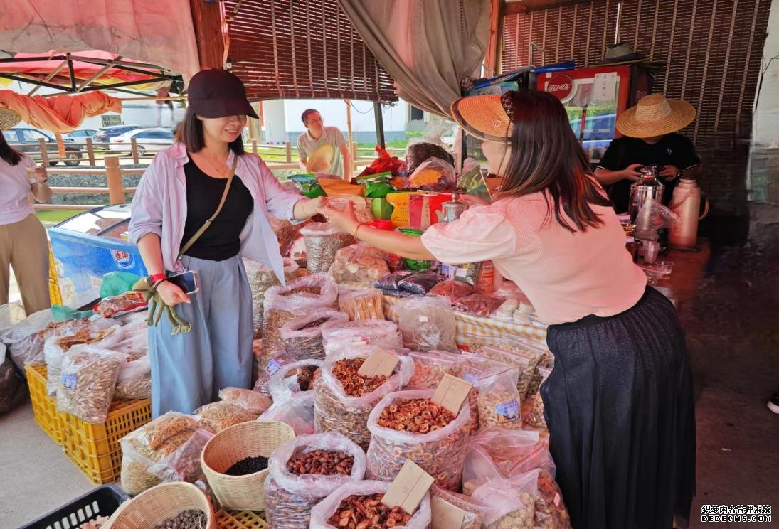 在今年6月，络绎不绝的游客前往广东省连樟村打卡，并在村口的特产门店中消费和品尝特色茶饮。人民网 黄盛摄