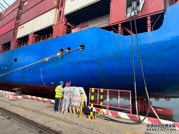 工作人员使用电缆对靠泊在海南洋浦国际集装箱码头上的货轮进行充电。受访者供图