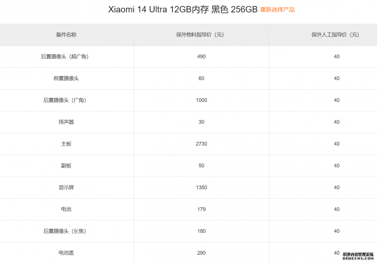 小米14 Ultra维修备件价格公布：屏幕1350元 电池179元
