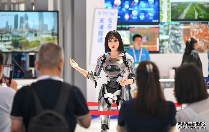 6月20日，与会者在博览会上参观一款仿真人形机器人。新华社记者 孙凡越 摄