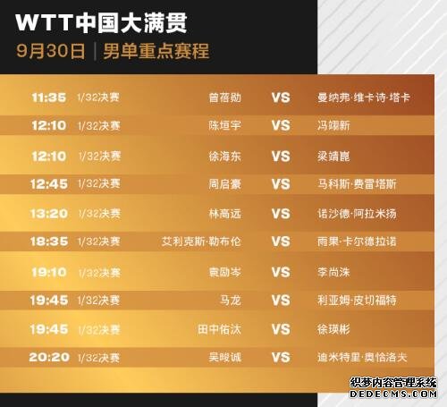 北京WTT中国大满贯正赛赛程直播时间表9月30日 今天国乒赛程比赛对阵名单