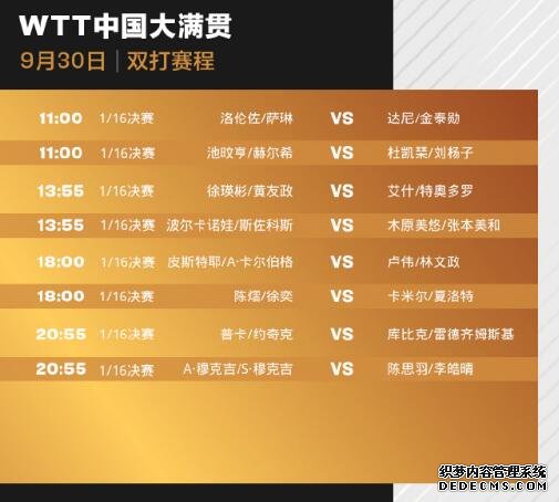 北京WTT中国大满贯正赛赛程直播时间表9月30日 今天国乒赛程比赛对阵名单