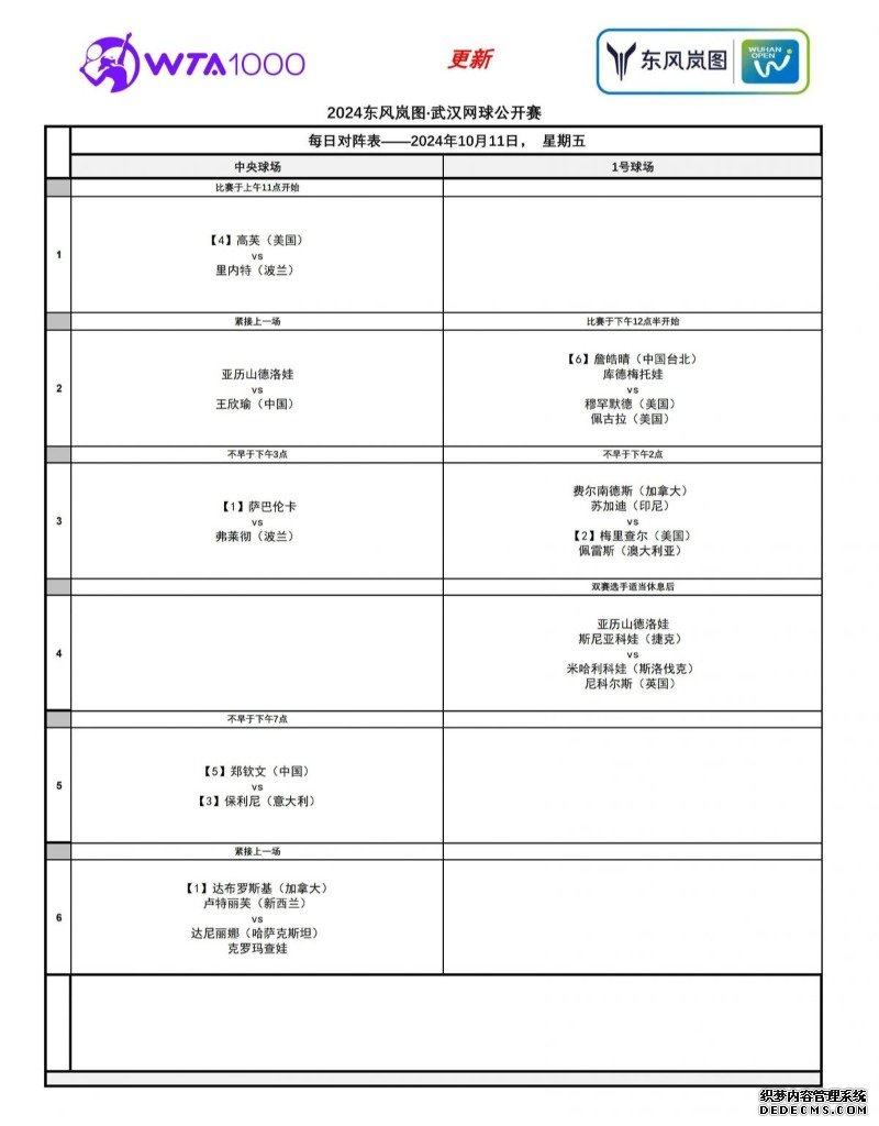 今天（10月11日）2024武汉网球公开赛赛程直播时间表